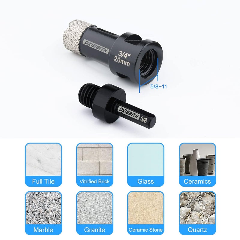 DKIBBITH Dry Diamond Core Drill Bits 3/4 Inch Tile 20mm Vacuum Brazed Angle Grinder Hole Saw for Porcelain Ceramic Granite Brick Concrete with 5/8-11 Thread to 3/8'' Hex Shank Adapter, Black - Image 5